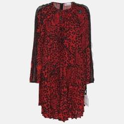Pre Owned RED Valentino Red Animal Print Stretch Crepe and Lace Long Sleeve Top Dress M