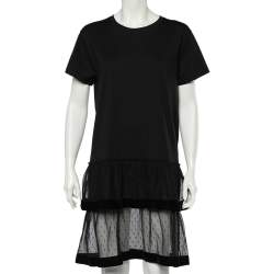 Pre Owned RED Valentino Black Cotton And Mesh Hem Detailed T-Shirt Dress L
