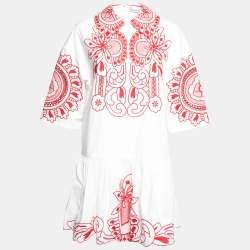 Pre Owned RED Valentino White and Red Cotton Embroidered Peter Pan Collar Dress M
