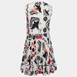 Pre Owned Red Valentino Cream/Black Printed Crepe Pleated Mini Dress S