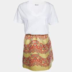 Pre Owned RED Valentino White Cotton Knit & Multicolor Lurex Jacquard Mini Dress L