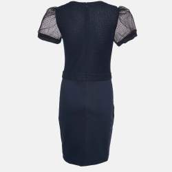 Pre Owned RED Valentino Navy Blue Patterned Knit Bow Detail Midi Dress L