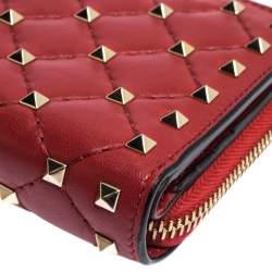 Pre Owned Valentino Red Leather Rockstud Spike French Wallet