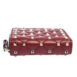 Pre Owned Valentino Red Leather Rockstud Spike French Wallet