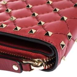 Pre Owned Valentino Red Leather Rockstud Spike French Wallet
