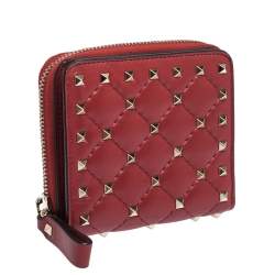 Pre Owned Valentino Red Leather Rockstud Spike French Wallet
