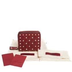 Pre Owned Valentino Red Leather Rockstud Spike French Wallet