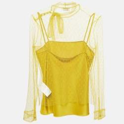 Pre Owned RED Valentino Yellow Tulle Bow Tie Detail Sheer Blouse S
