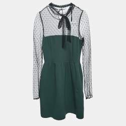 RED Valentino Green/Black Jersey and Lace High Neck Mini Dress L