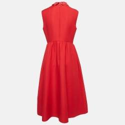 Pre Owned RED Valentino Red Studded Leather Collar and Wool Sleeveless Midi Dress M