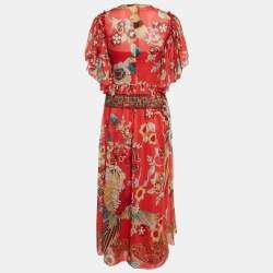Pre Owned RED Valentino Red Floral Print Cotton Blend Long Dress S