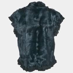 Pre Owned RED Valentino Navy Blue Real Fur Ruffle Detail Belted Vest M