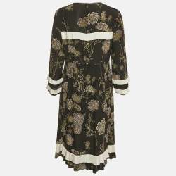 Pre Owned RED Valentino Black Floral Print Silk Frill Detail Midi Dress M