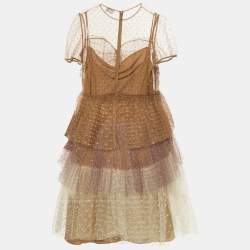 Pre Owned RED Valentino Brown Point d'esprit Tulle Tiered Mini Dress M