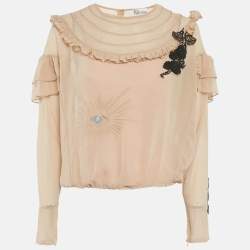 Pre Owned RED Valentino Beige Embroidered Crepe Frill Detail Sheer Top M