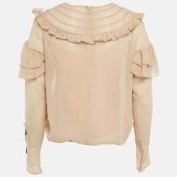 Pre Owned RED Valentino Beige Embroidered Crepe Frill Detail Sheer Top M