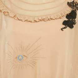 Pre Owned RED Valentino Beige Embroidered Crepe Frill Detail Sheer Top M