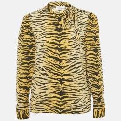 Pre Owned RED Valentino Yellow /Black Tiger Print Silk Neck Tie Detail Top M
