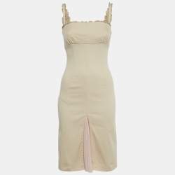 Pre Owned RED Valentino Beige Cotton Plisses Detail Sleeveless Midi Dress S