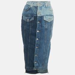 Pre Owned تنورة رد فالنتينو دنيم رقعة زرقاء مهترئة متوسطة الطول صغيرة / خصر 24 بوصة