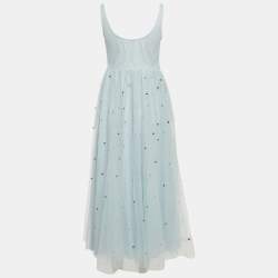 Pre Owned RED Valentino Light Blue Tulle Embellished Flared Midi Dress M