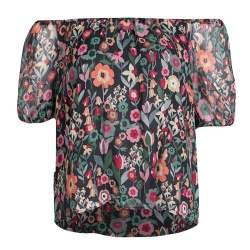 Pre Owned RED Valentino Black Fancy Floral Print Silk Off Shoulder Top S