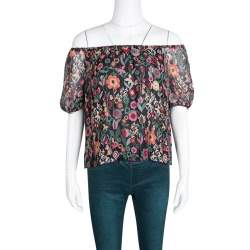 Pre Owned RED Valentino Black Fancy Floral Print Silk Off Shoulder Top S