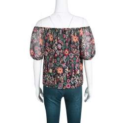 Pre Owned RED Valentino Black Fancy Floral Print Silk Off Shoulder Top S