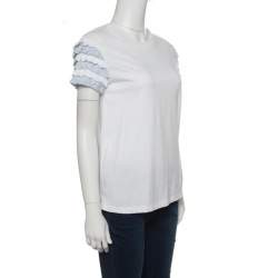 Pre Owned RED Valentino White Cotton Jersey Striped Ruffled Sleeve T-Shirt M