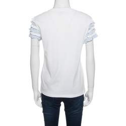 Pre Owned RED Valentino White Cotton Jersey Striped Ruffled Sleeve T-Shirt M
