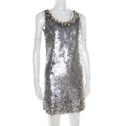 Red Valentino Silver Sequined Pearl Embellished Sleeveless Mini Shift Dress S
