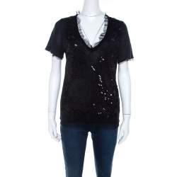 Pre Owned RED Valentino Black Knit Sequined Lace Trim V Neck Top S