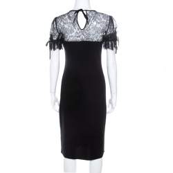 Pre Owned RED Valentino Black Wool Jersey Floral Lace Trim Midi Dress S