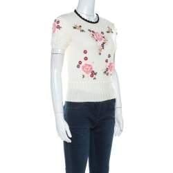 RED Valentino Cream Floral Applique Cotton Knit Top S