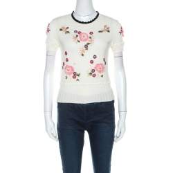 RED Valentino Cream Floral Applique Cotton Knit Top S