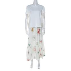 RED Valentino White Floral and Cross Stitch Print Cotton Gathered Skirt Set M