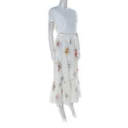 RED Valentino White Floral and Cross Stitch Print Cotton Gathered Skirt Set M