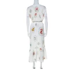RED Valentino White Floral and Cross Stitch Print Cotton Gathered Skirt Set M
