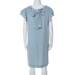 Pre Owned Red Valentino Pale Blue Crepe Ruffled Sleeve Shift Dress L