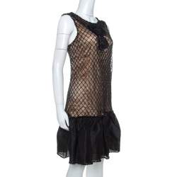 Red Valentino Black Beaded Lace and Silk Ruffle Detail Short Dress L 