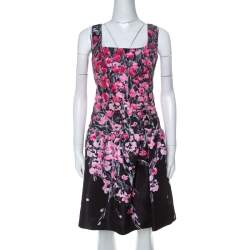 Pre Owned RED Valentino Black Floral Print Taffeta Pleated Waist Short Dress L