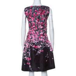 Pre Owned RED Valentino Black Floral Print Taffeta Pleated Waist Short Dress L
