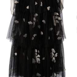 Pre Owned RED Valentino Black Tulle Floral Applique Detail Tiered Point D'esprit Gown M