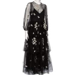 Pre Owned RED Valentino Black Tulle Floral Applique Detail Tiered Point D'esprit Gown M