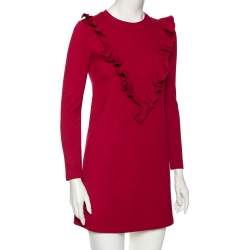 Pre Owned RED Valentino Burgundy Knit Ruffled Neck T-Shirt Dress XS