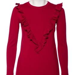 Pre Owned RED Valentino Burgundy Knit Ruffled Neck T-Shirt Dress XS