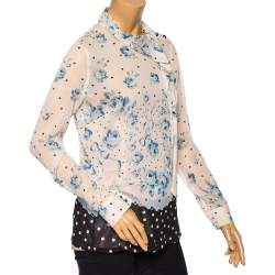 Pre Owned RED Valentino Ivory Floral & Polka Dot Printed Silk Tie-Neck Detail Blouse M