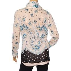 Pre Owned RED Valentino Ivory Floral & Polka Dot Printed Silk Tie-Neck Detail Blouse M