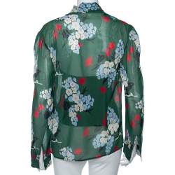 Pre Owned RED Valentino Green Floral Print Silk Tie-Neck Detail Blouse L