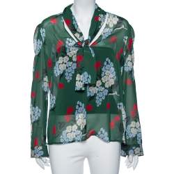 Pre Owned RED Valentino Green Floral Print Silk Tie-Neck Detail Blouse L